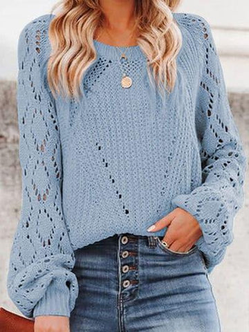 Laurie Openwork Round Neck Lantern Sleeve Sweater - SwagglyLife Home & Fashion