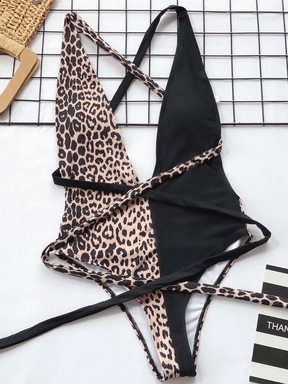 Leona Tied Leopard Plunge One-Piece Swimwear - SwagglyLife Home & Fashion
