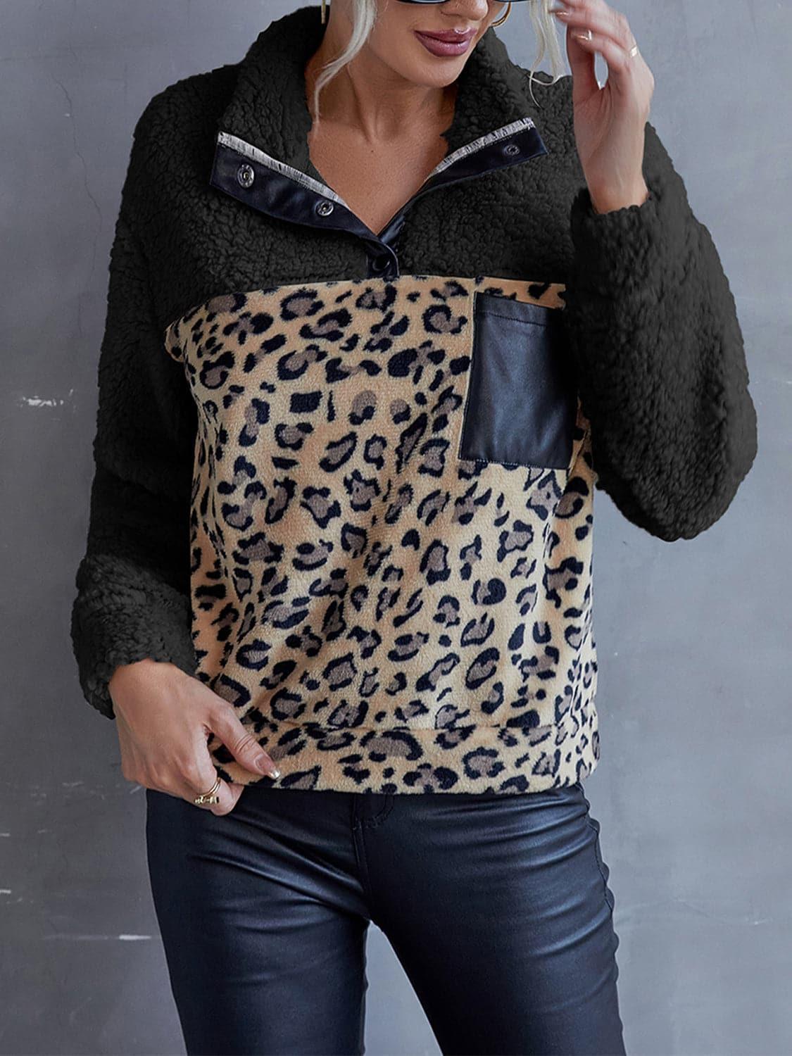 Leopard Quarter-Snap Teddy Sweatshirt, 3 Colors - SwagglyLife Home & Fashion