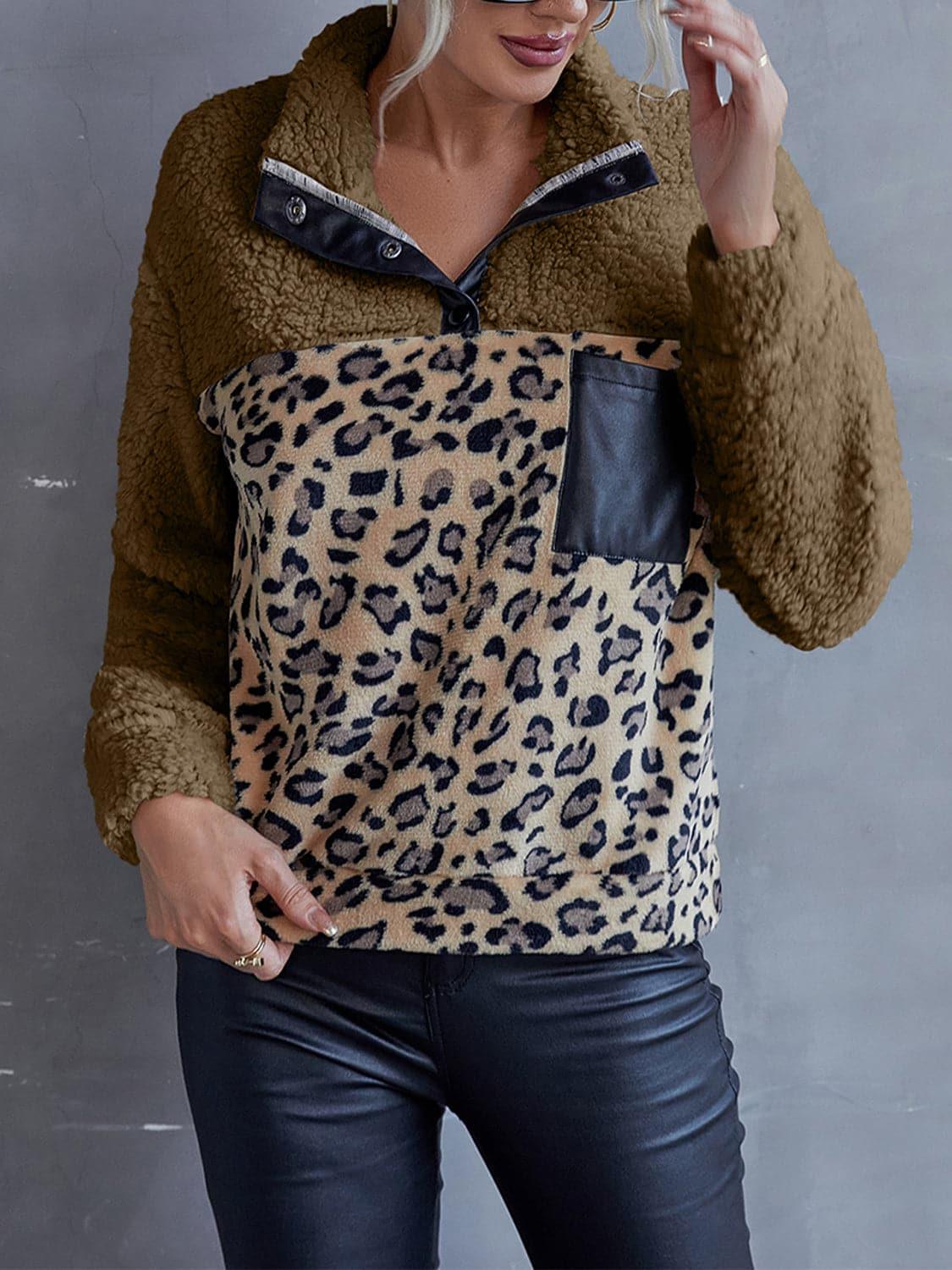 Leopard Quarter-Snap Teddy Sweatshirt, 3 Colors - SwagglyLife Home & Fashion