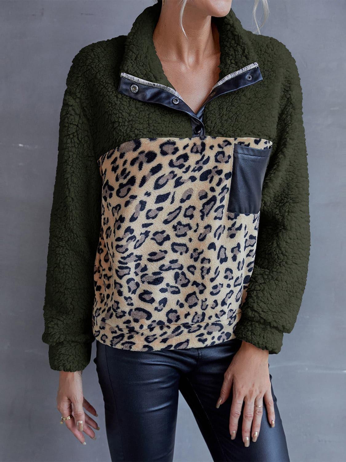Leopard Quarter-Snap Teddy Sweatshirt, 3 Colors - SwagglyLife Home & Fashion