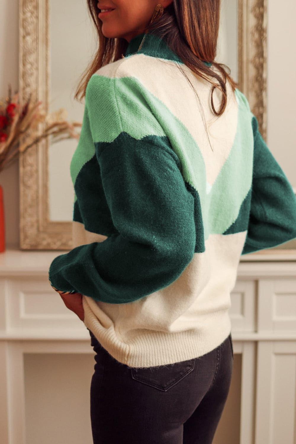 Lily Color Block Buttoned Sweater, Green - SwagglyLife Home & Fashion