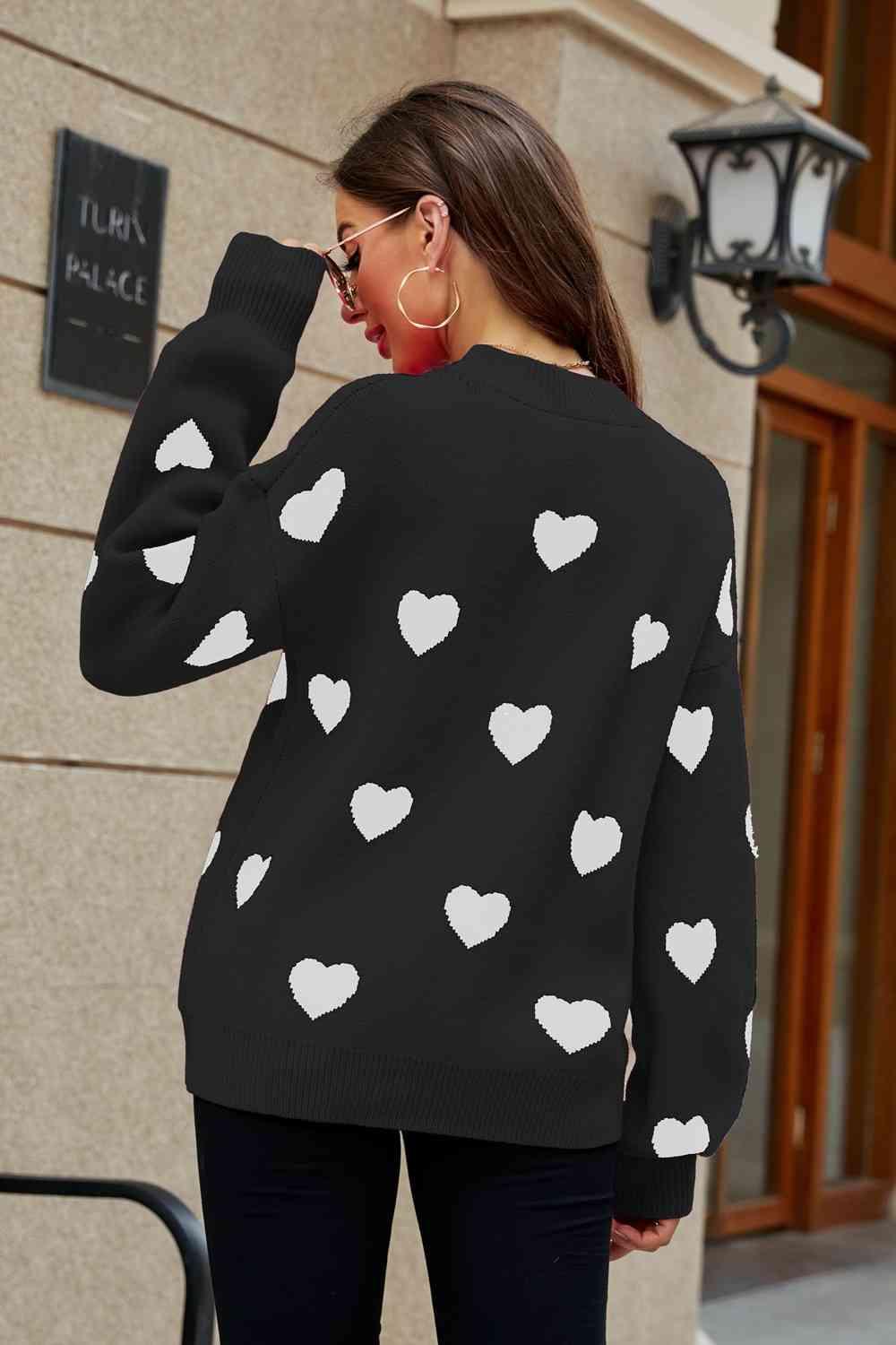 Love Letter Woven Right Heart Pattern Lantern Sleeve Round Neck Tunic Sweater - SwagglyLife Home & Fashion