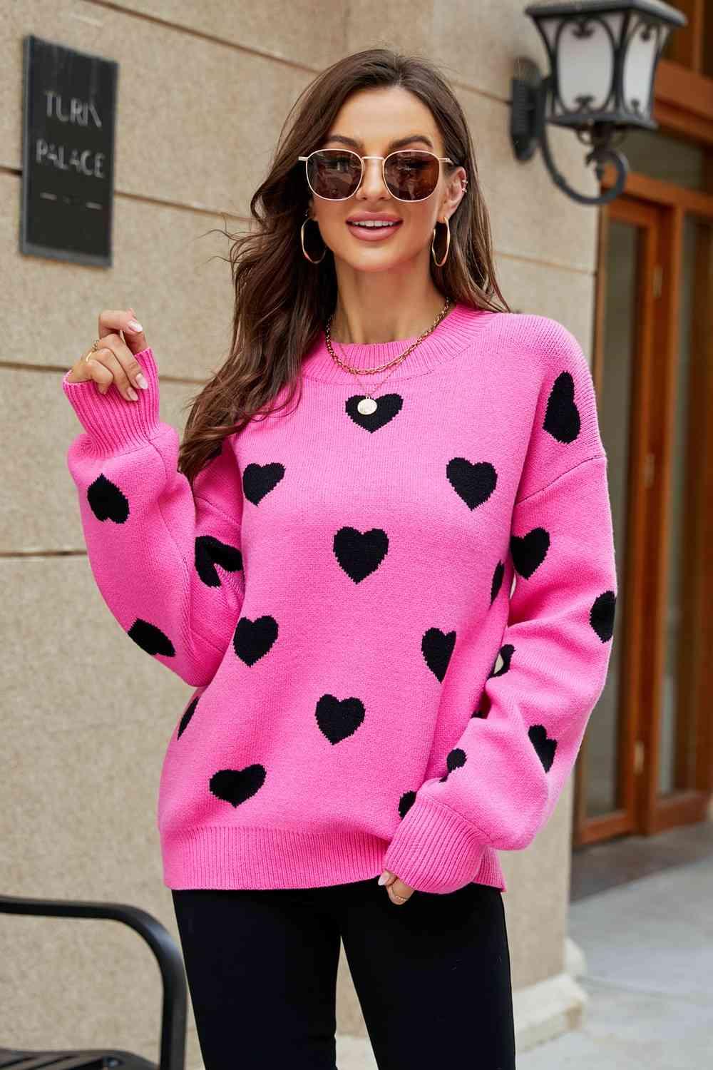 Love Letter Woven Right Heart Pattern Lantern Sleeve Round Neck Tunic Sweater - SwagglyLife Home & Fashion