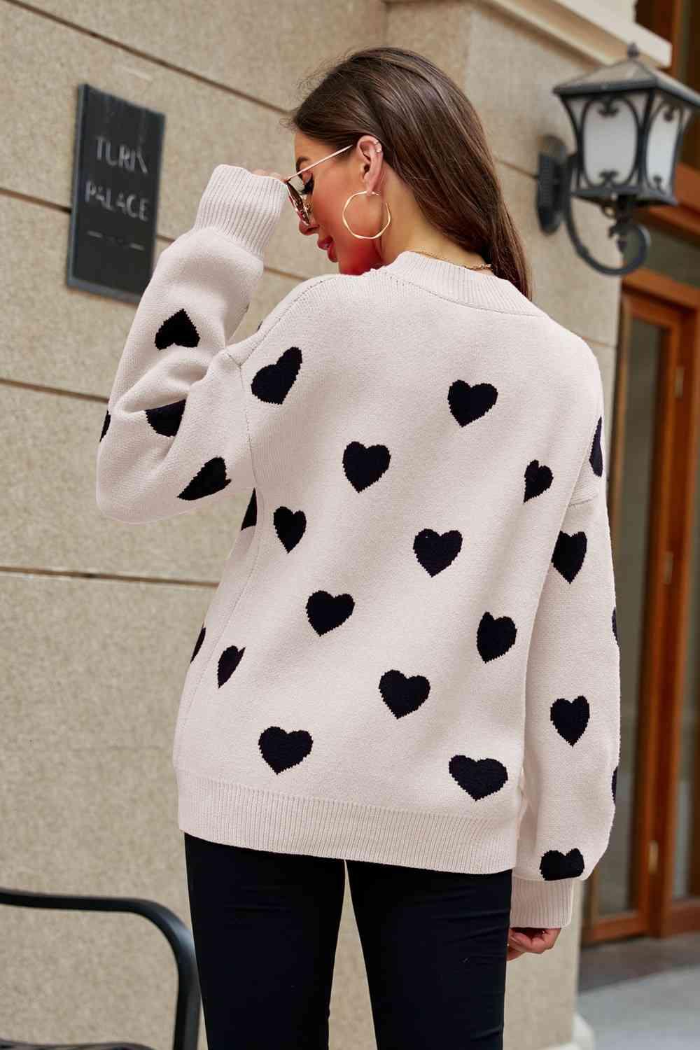 Love Letter Woven Right Heart Pattern Lantern Sleeve Round Neck Tunic Sweater - SwagglyLife Home & Fashion