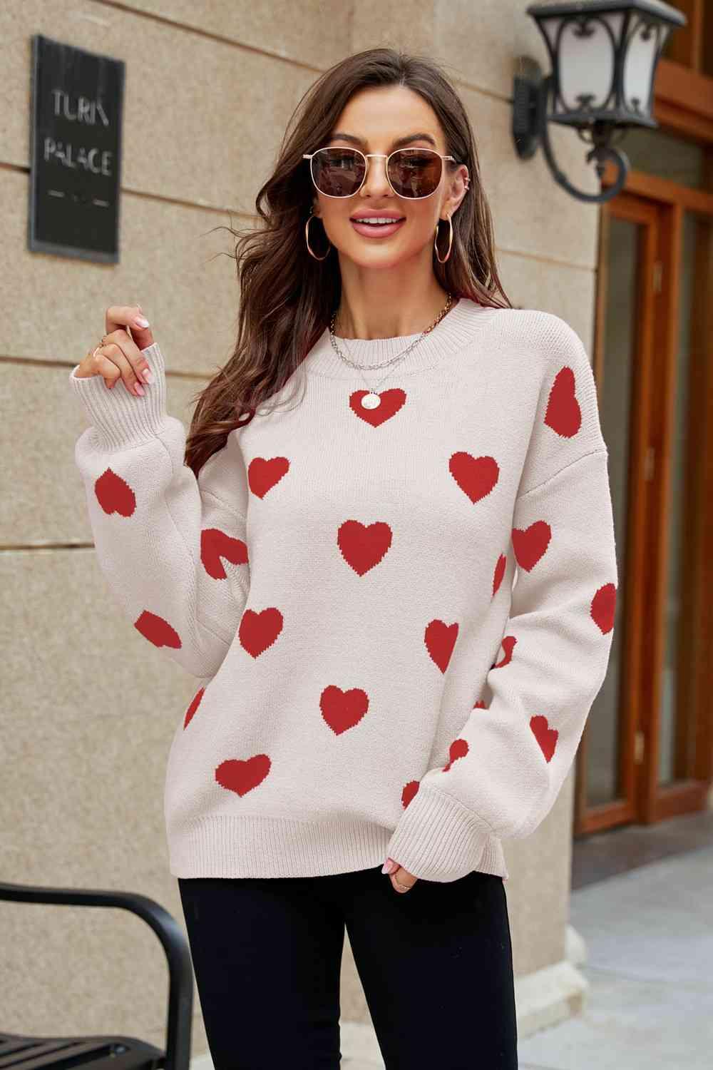 Love Letter Woven Right Heart Pattern Lantern Sleeve Round Neck Tunic Sweater - SwagglyLife Home & Fashion