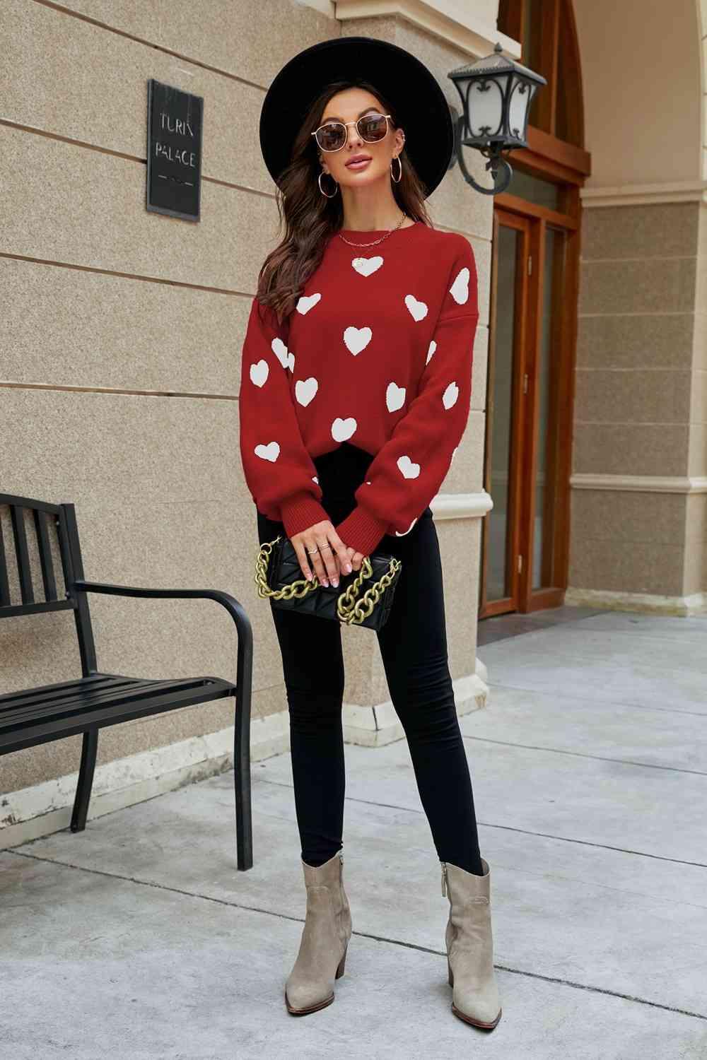 Love Letter Woven Right Heart Pattern Lantern Sleeve Round Neck Tunic Sweater - SwagglyLife Home & Fashion