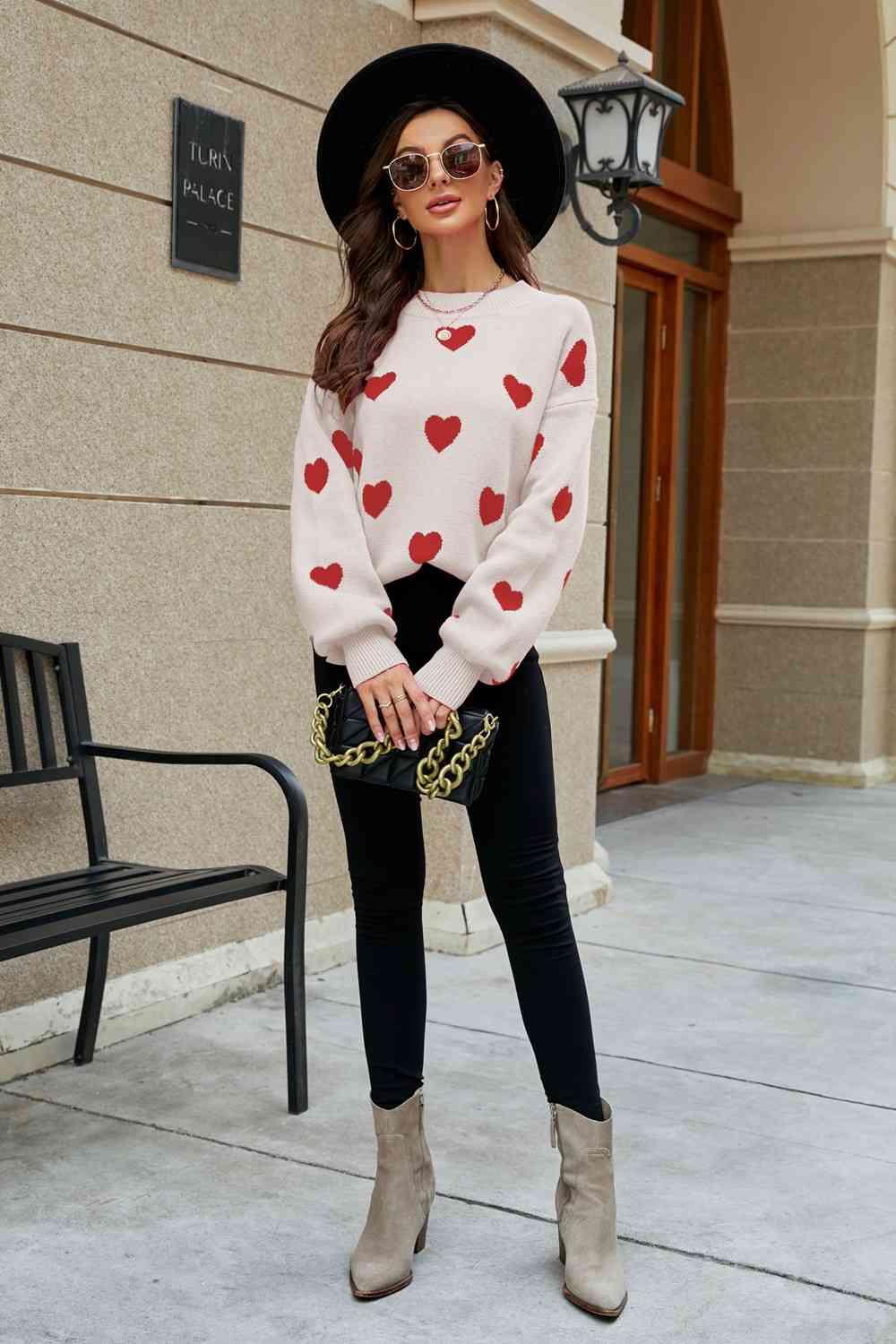 Love Letter Woven Right Heart Pattern Lantern Sleeve Round Neck Tunic Sweater - SwagglyLife Home & Fashion