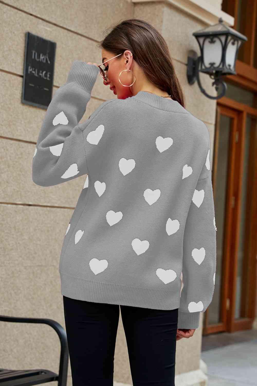 Love Letter Woven Right Heart Pattern Lantern Sleeve Round Neck Tunic Sweater - SwagglyLife Home & Fashion