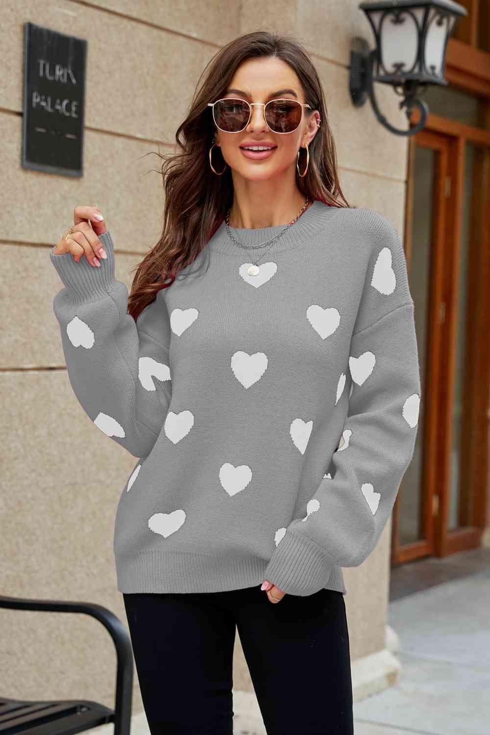 Love Letter Woven Right Heart Pattern Lantern Sleeve Round Neck Tunic Sweater - SwagglyLife Home & Fashion