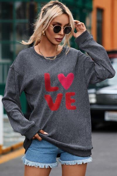 LOVE Round Neck Dropped Shoulder Sweatshirt - SwagglyLife Home & Fashion