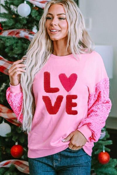 LOVE Sequin Dropped Shoulder Sweatshirt - SwagglyLife Home & Fashion