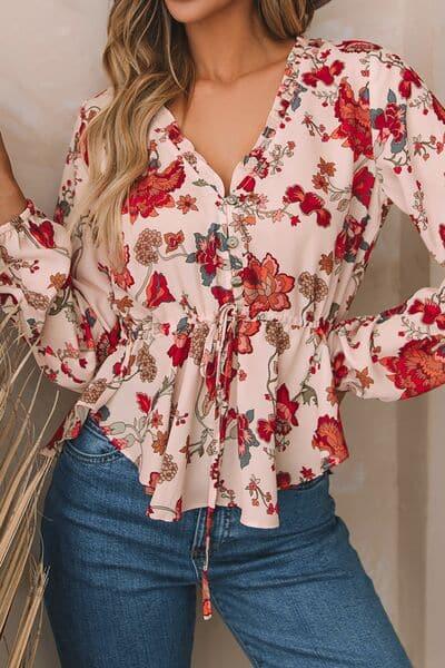 Lucy Floral V-Neck Drawstring Peplum Blouse - SwagglyLife Home & Fashion