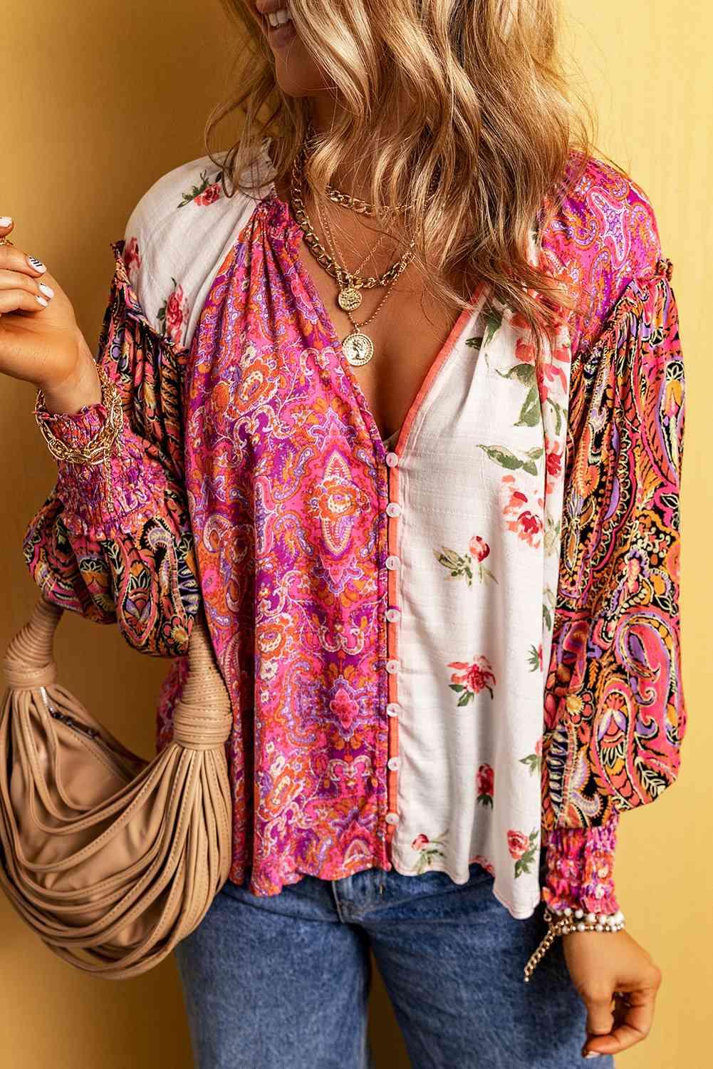 Mallory Multicolor Floral Notched Neck Lantern Sleeve Blouse - SwagglyLife Home & Fashion