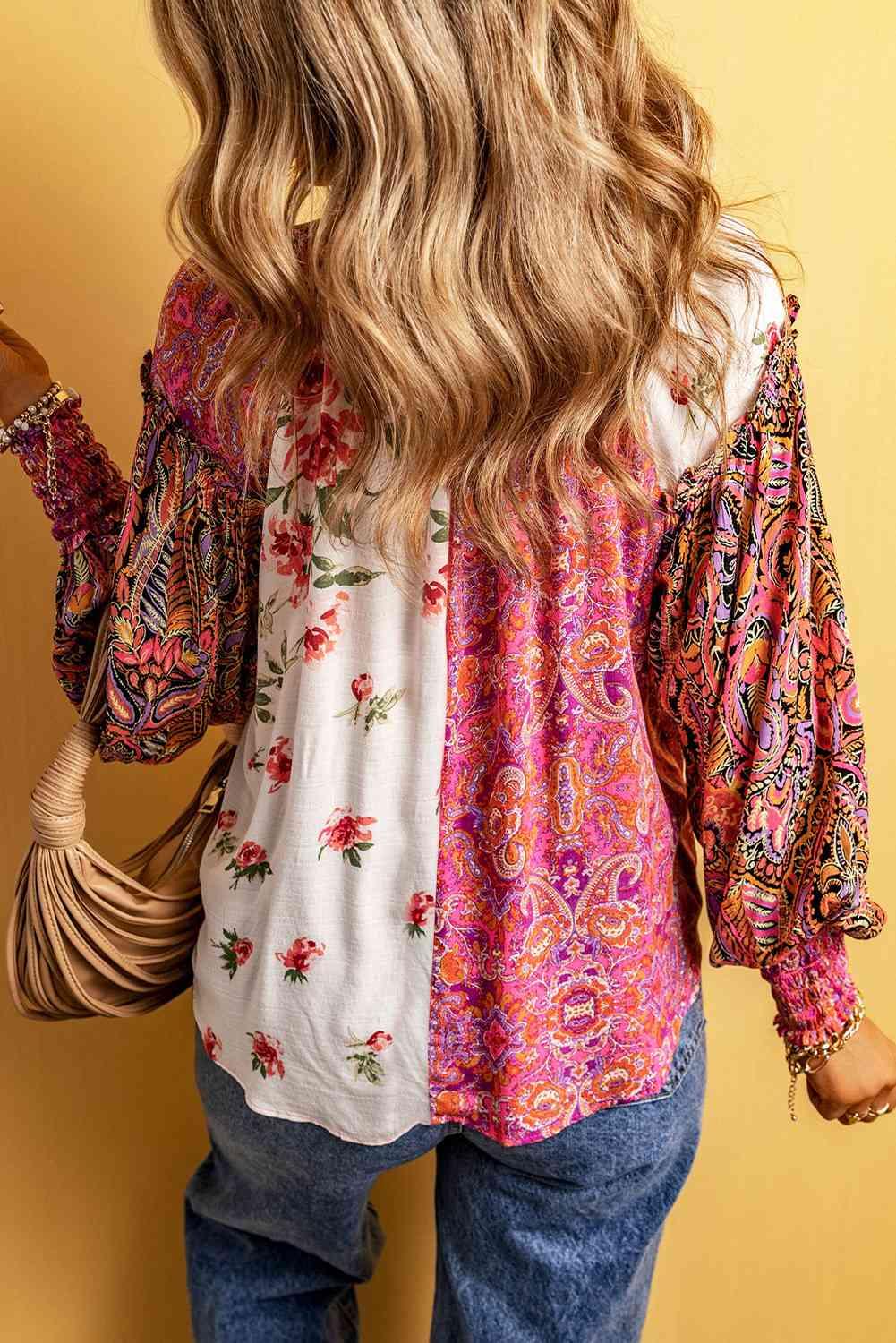 Mallory Multicolor Floral Notched Neck Lantern Sleeve Blouse - SwagglyLife Home & Fashion