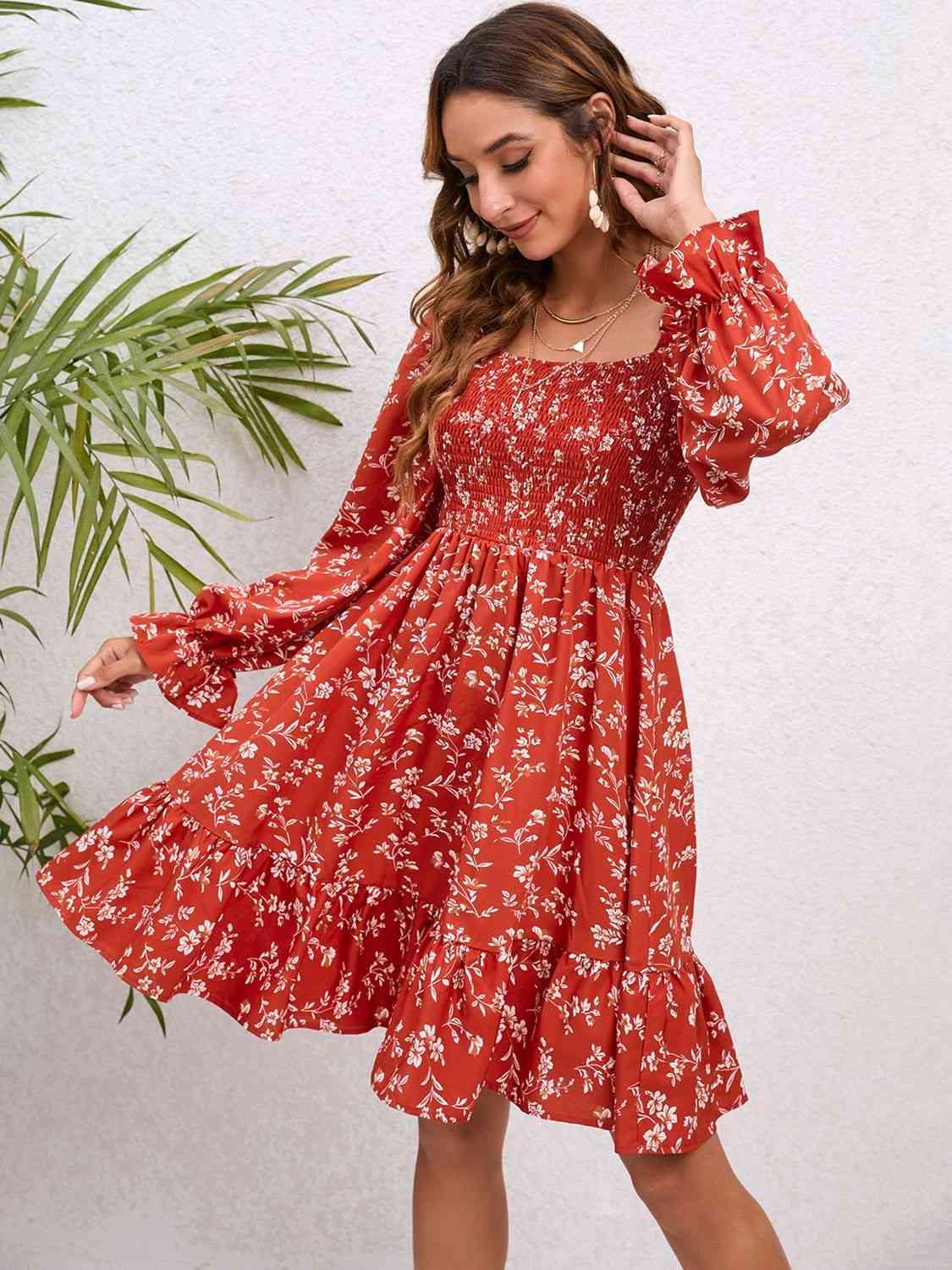 Floral Smocked Square Neck Dress - SwagglyLife Home & Fashion