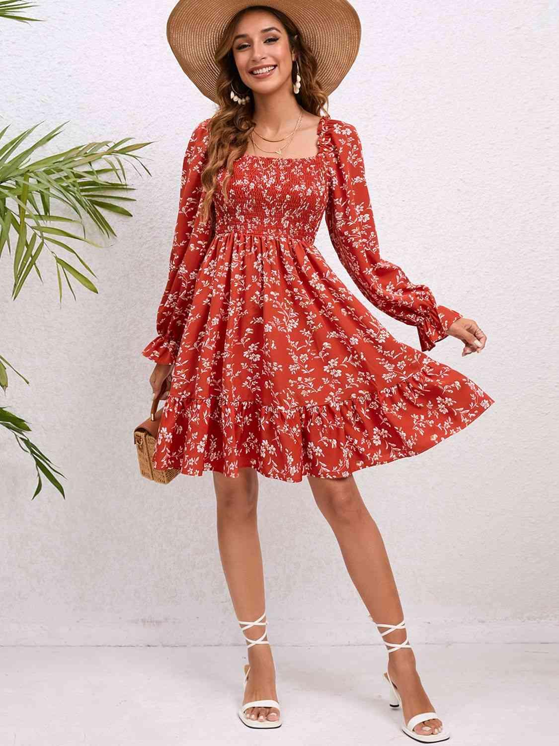 Floral Smocked Square Neck Dress - SwagglyLife Home & Fashion