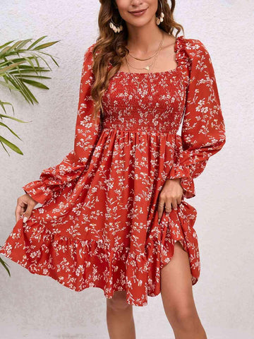 Floral Smocked Square Neck Dress - SwagglyLife Home & Fashion