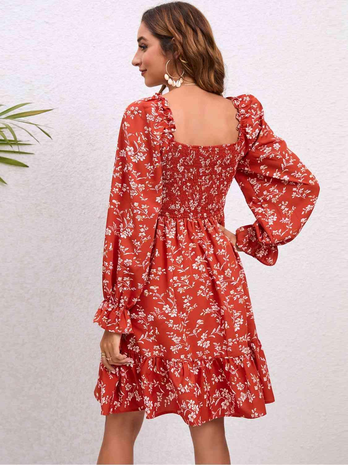 Floral Smocked Square Neck Dress - SwagglyLife Home & Fashion