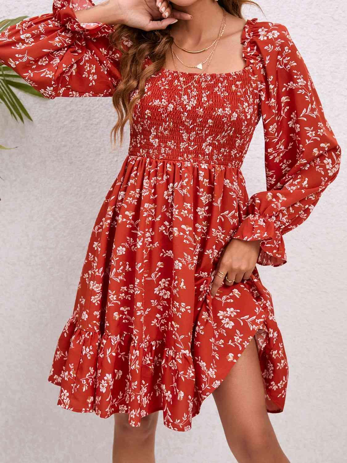 Floral Smocked Square Neck Dress - SwagglyLife Home & Fashion