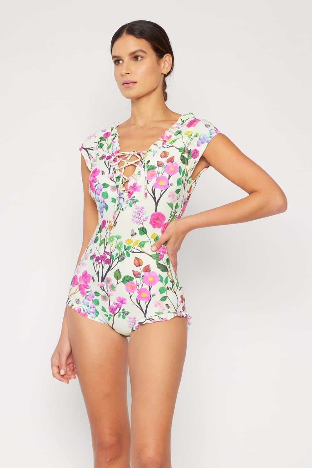 Marina West Swim Bring Me Flowers V-Neck One Piece Swimsuit Cherry Blossom Cream - SwagglyLife Home & Fashion