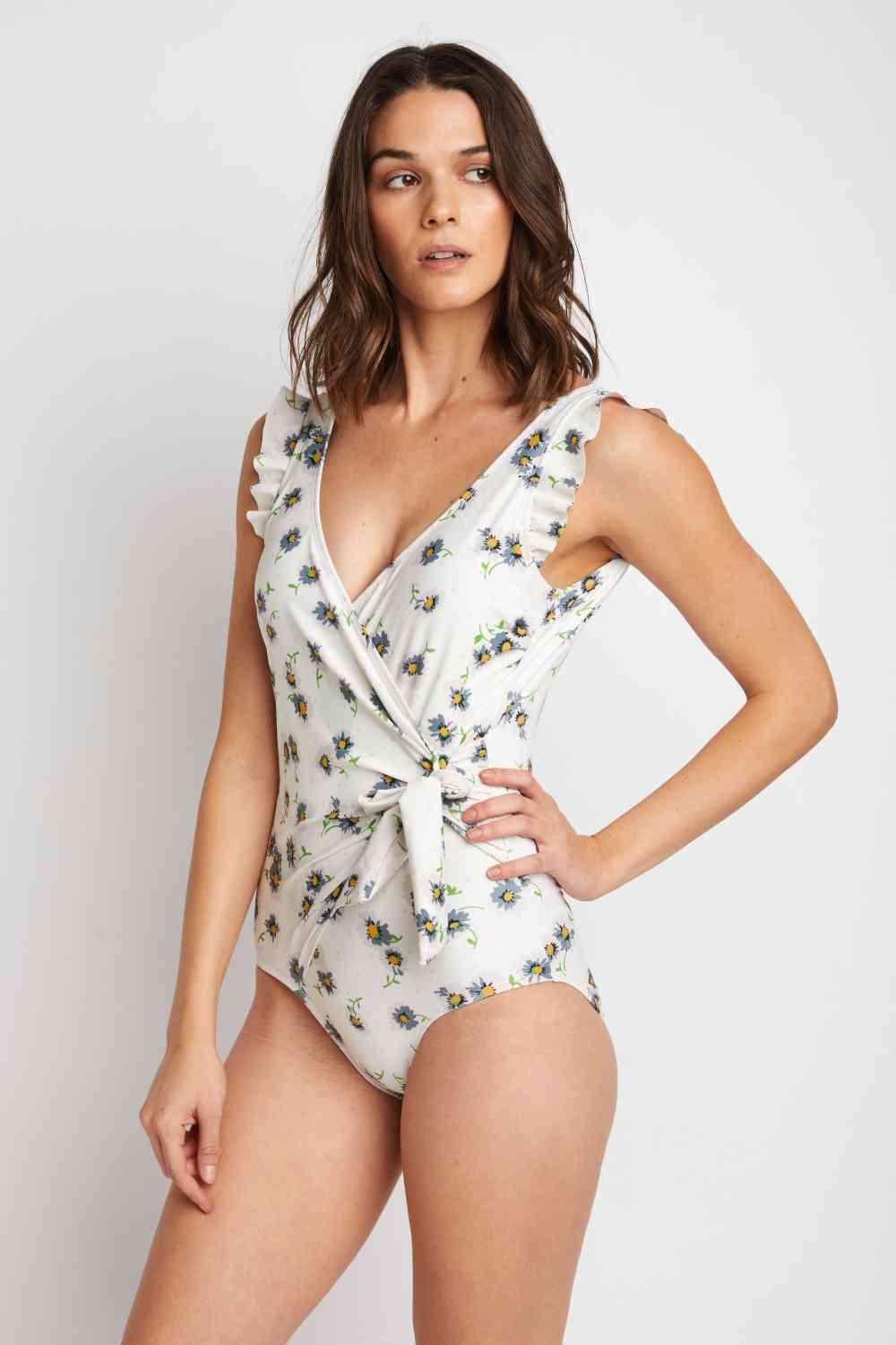 Marina West Swim Float On Ruffle Faux Wrap One-Piece in Daisy Cream - SwagglyLife Home & Fashion