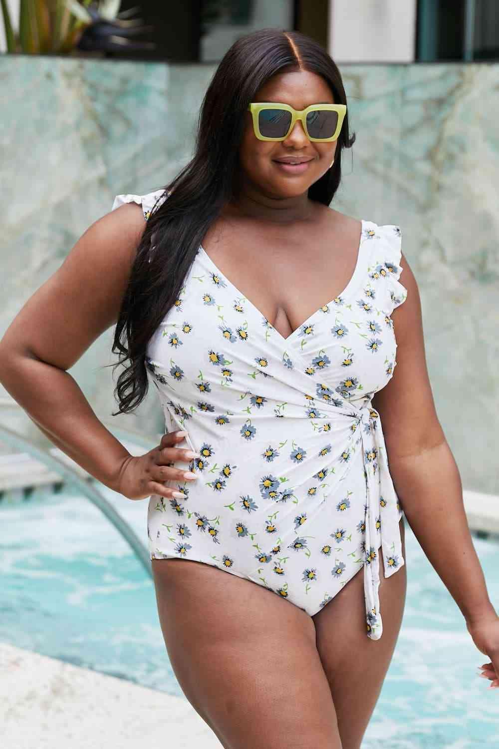 Marina West Swim Float On Ruffle Faux Wrap One-Piece in Daisy Cream - SwagglyLife Home & Fashion