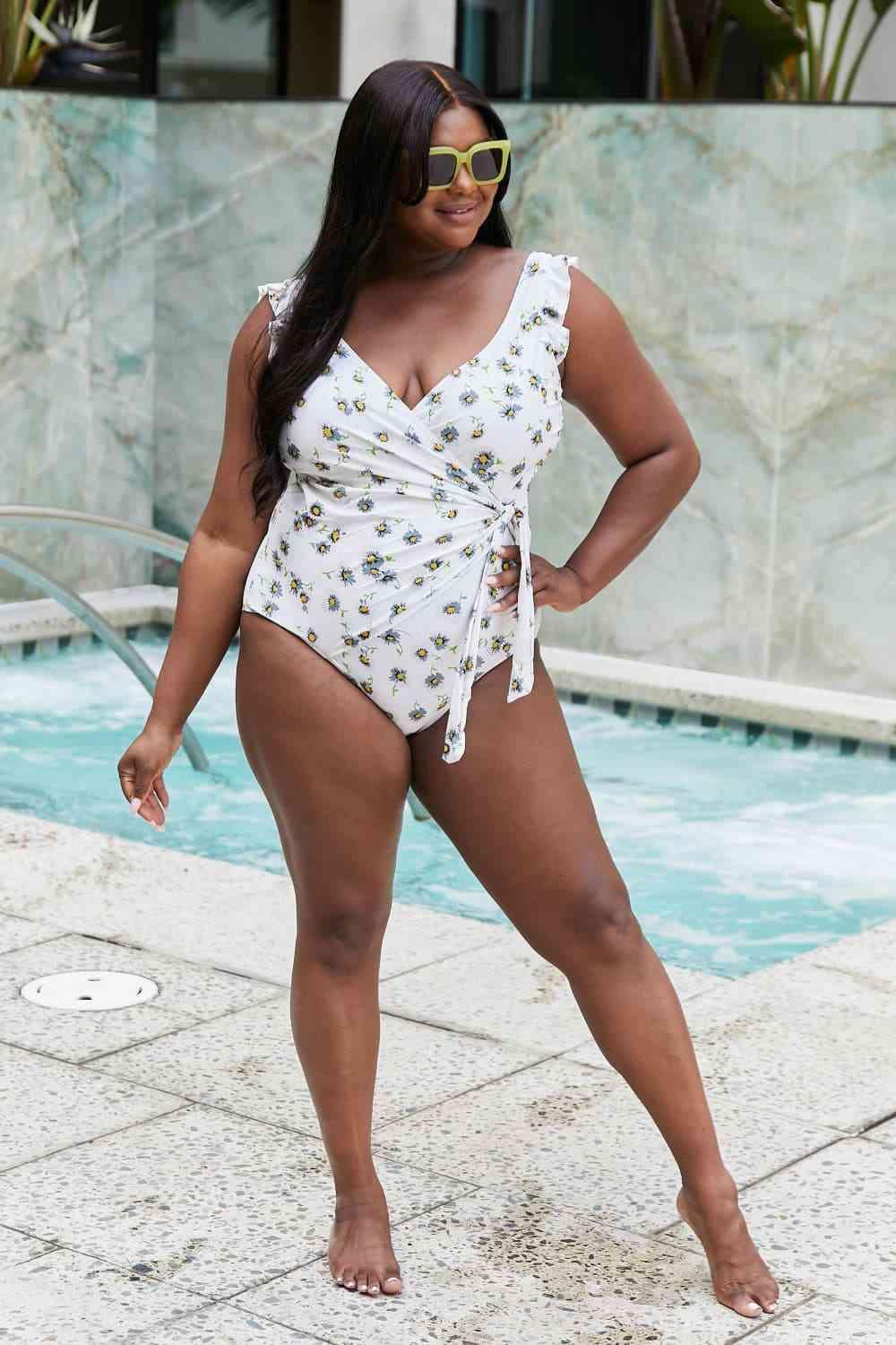 Marina West Swim Float On Ruffle Faux Wrap One-Piece in Daisy Cream - SwagglyLife Home & Fashion