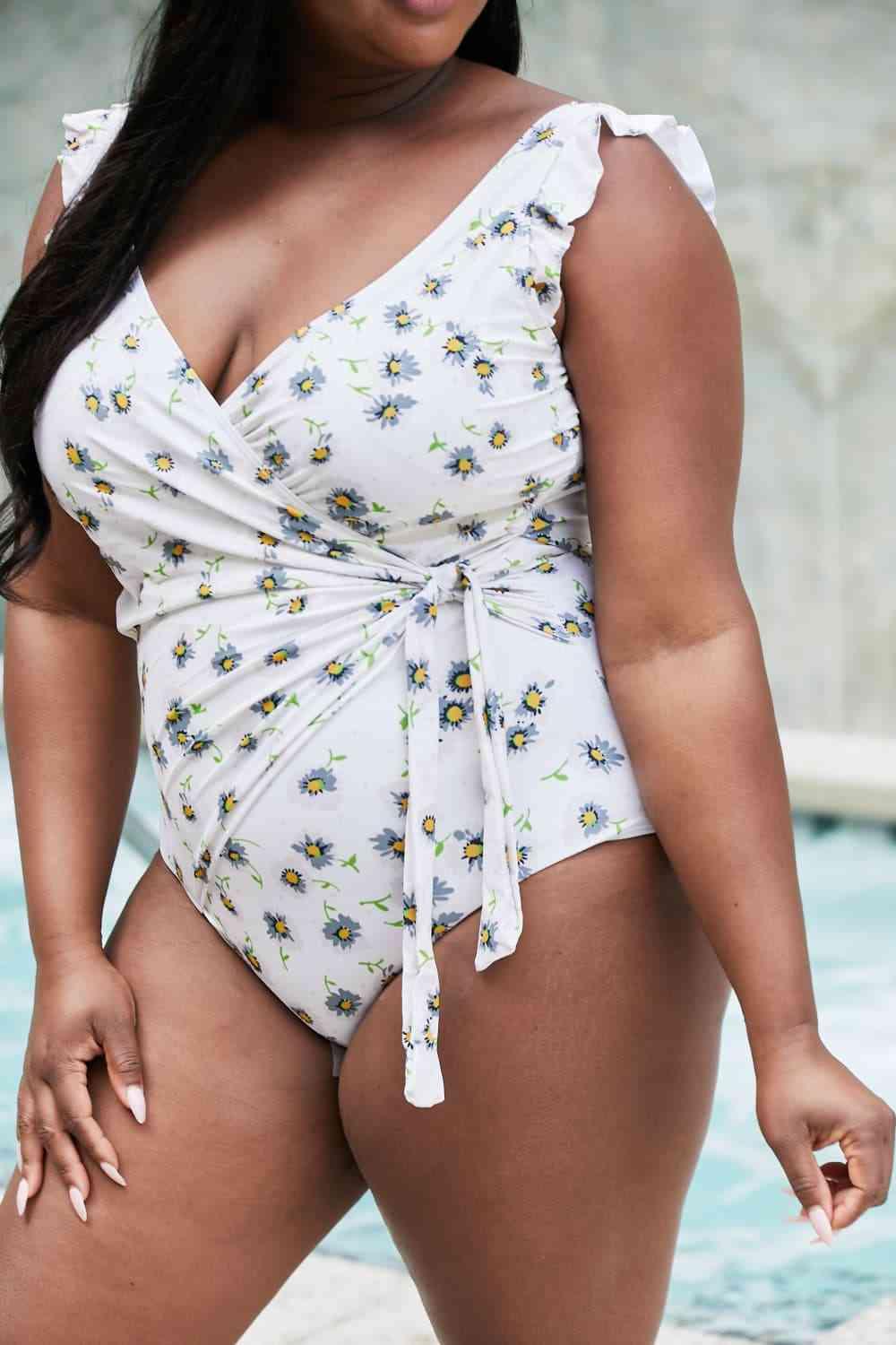 Marina West Swim Float On Ruffle Faux Wrap One-Piece in Daisy Cream - SwagglyLife Home & Fashion