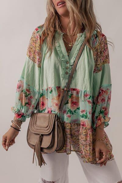 Marley Floral Frill Trim Buttoned Notched Tiered Blouse - SwagglyLife Home & Fashion