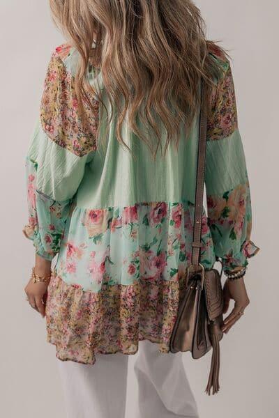 Marley Floral Frill Trim Buttoned Notched Tiered Blouse - SwagglyLife Home & Fashion