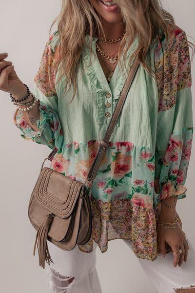 Marley Floral Frill Trim Buttoned Notched Tiered Blouse - SwagglyLife Home & Fashion