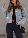 Marybeth Pearl Trim Button Up Denim Jacket with Pockets - SwagglyLife Home & Fashion