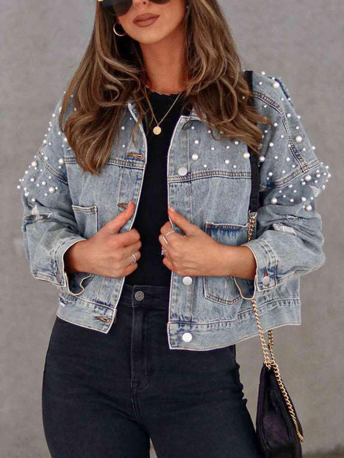 Marybeth Pearl Trim Button Up Denim Jacket with Pockets - SwagglyLife Home & Fashion