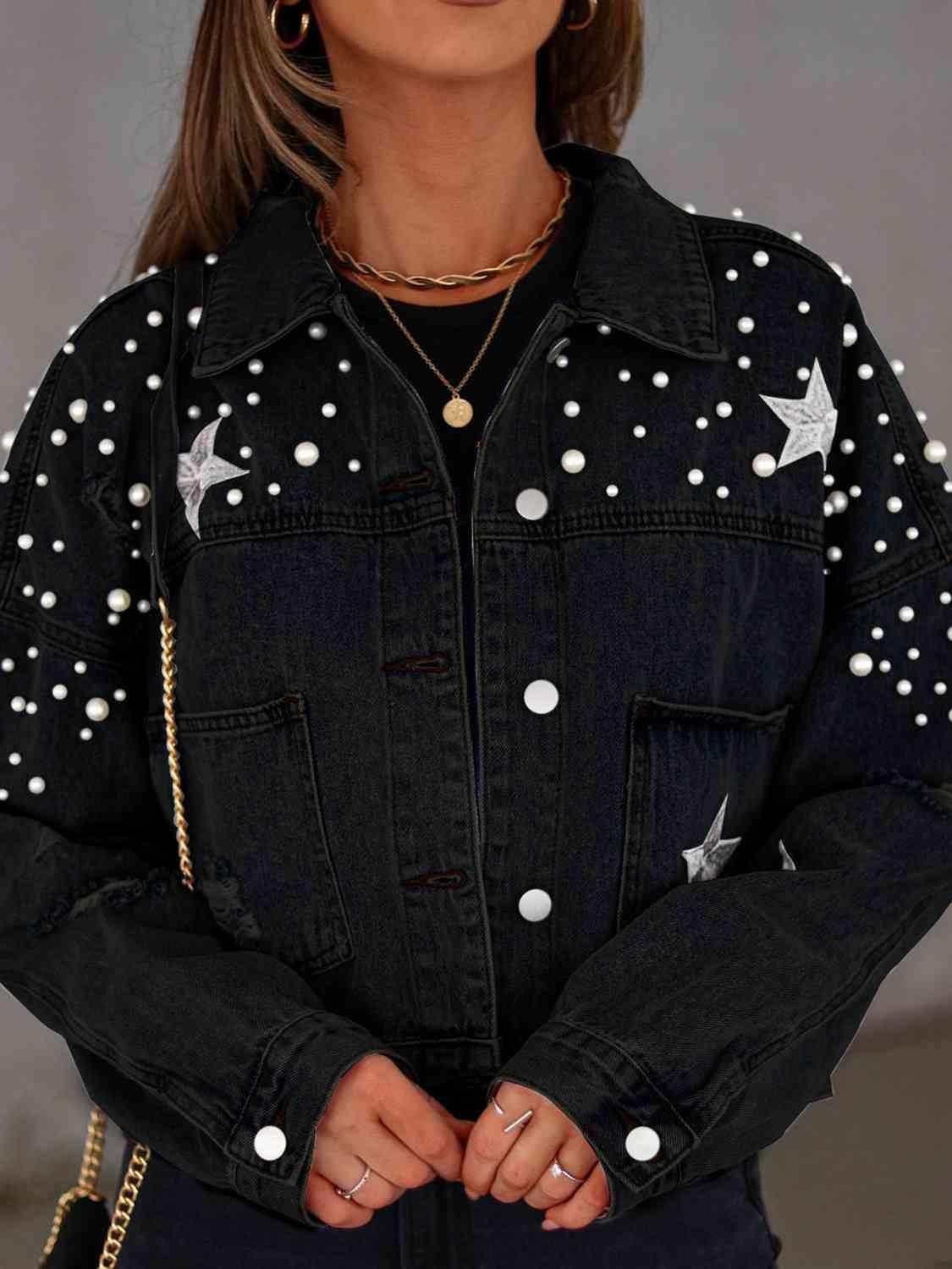 Marybeth Pearl Trim Button Up Denim Jacket with Pockets - SwagglyLife Home & Fashion