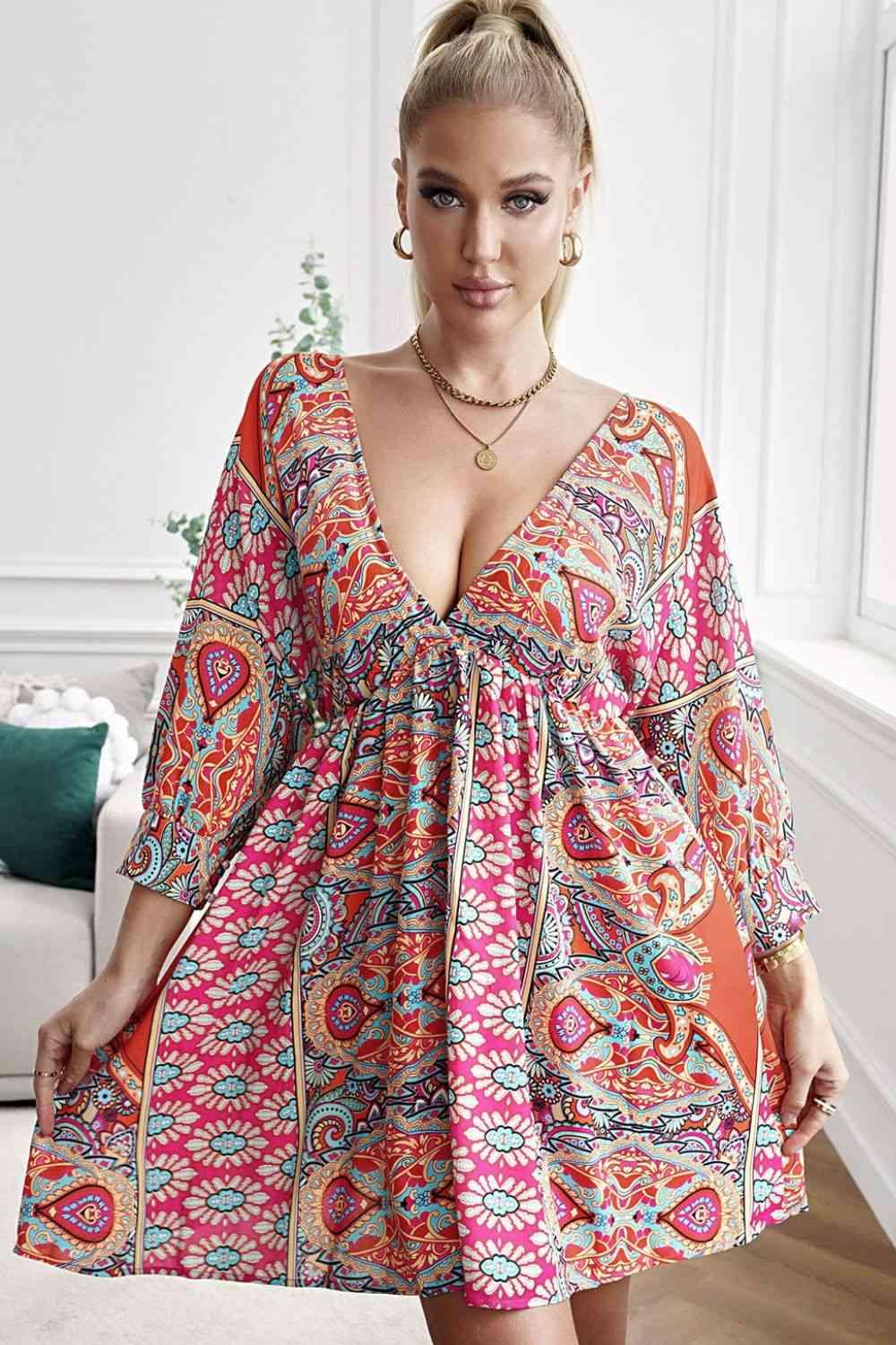 Meet Me There Printed Plunge Tie-Back Babydoll Dress - SwagglyLife Home & Fashion