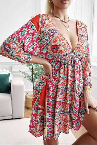 Meet Me There Printed Plunge Tie-Back Babydoll Dress - SwagglyLife Home & Fashion