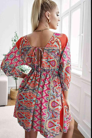 Meet Me There Printed Plunge Tie-Back Babydoll Dress - SwagglyLife Home & Fashion