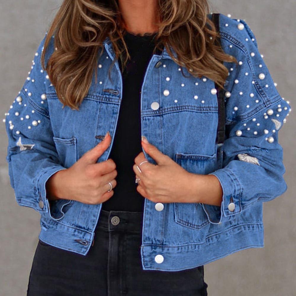 Megan Bead & Star Detail Denim Jacket, 3 Colors - SwagglyLife Home & Fashion