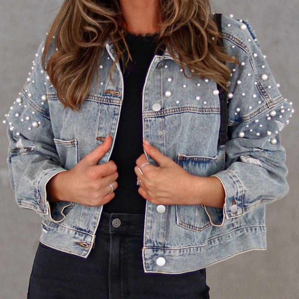 Megan Bead & Star Detail Denim Jacket, 3 Colors - SwagglyLife Home & Fashion