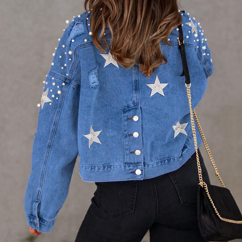 Megan Bead & Star Detail Denim Jacket, 3 Colors - SwagglyLife Home & Fashion