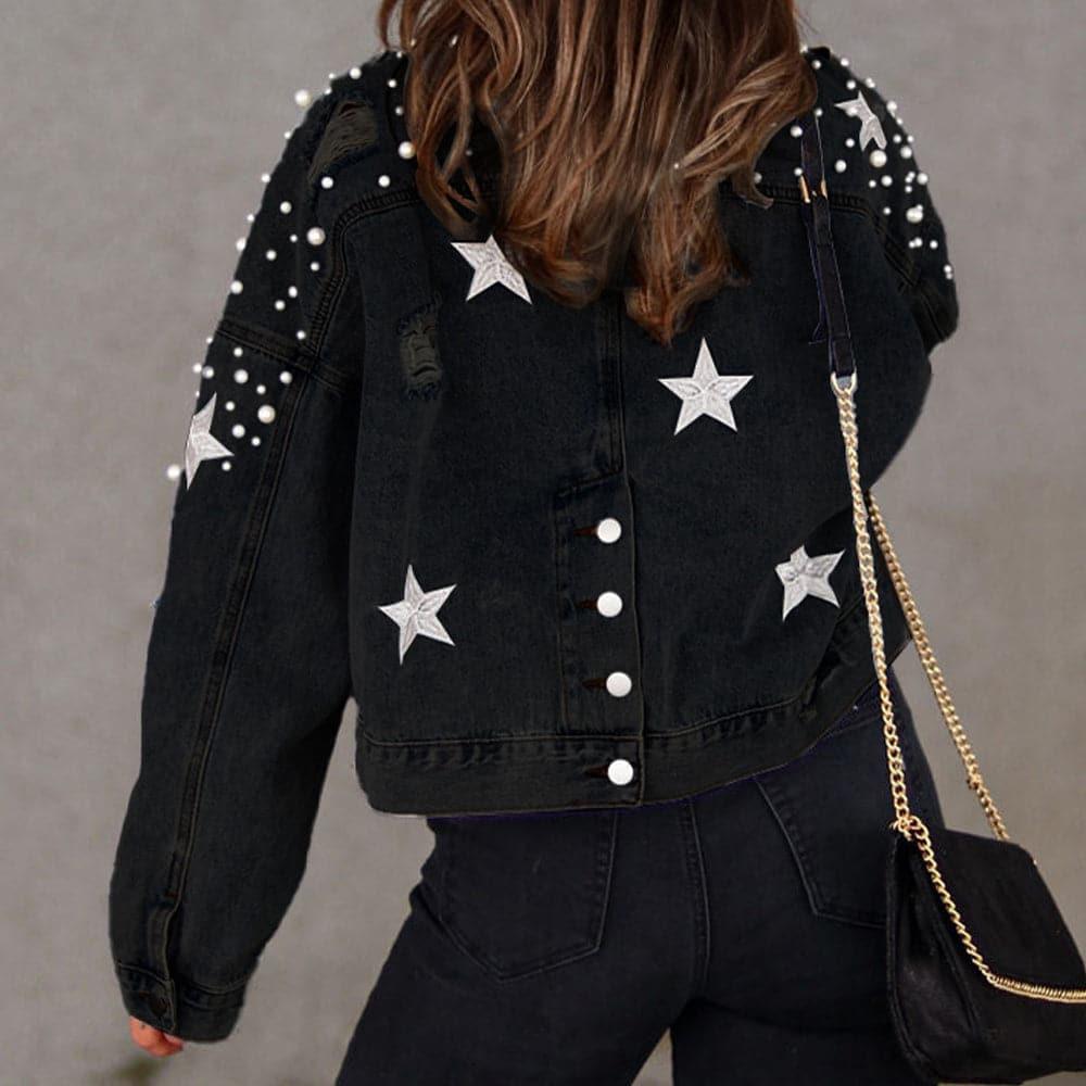 Megan Bead & Star Detail Denim Jacket, 3 Colors - SwagglyLife Home & Fashion