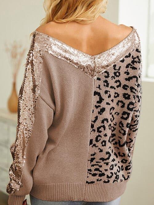 Mia Leopard Sequin V-Neck Long Sleeve Sweater - SwagglyLife Home & Fashion