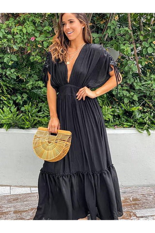 Mia Plunge Neck Tie Sleeve Maxi Dress - SwagglyLife Home & Fashion