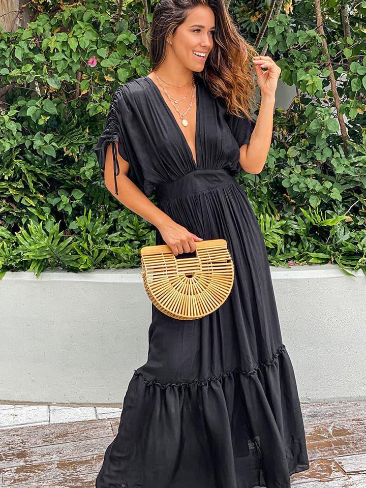 Mia Plunge Neck Tie Sleeve Maxi Dress - SwagglyLife Home & Fashion