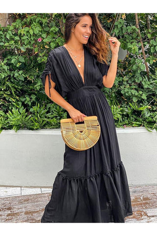 Mia Plunge Neck Tie Sleeve Maxi Dress - SwagglyLife Home & Fashion