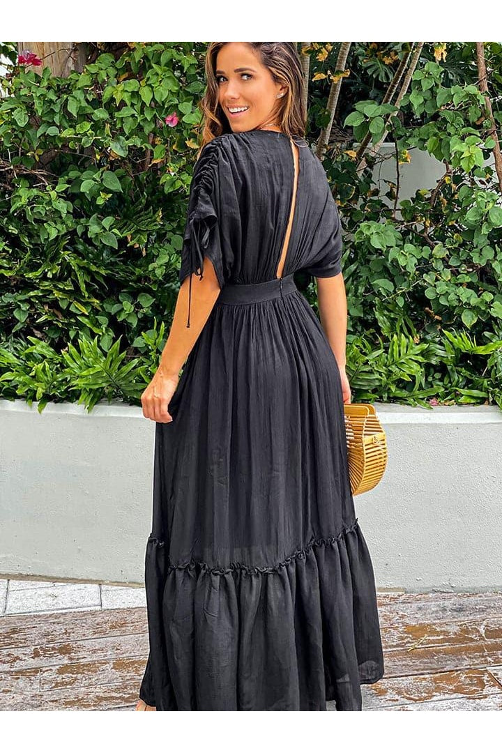 Mia Plunge Neck Tie Sleeve Maxi Dress - SwagglyLife Home & Fashion