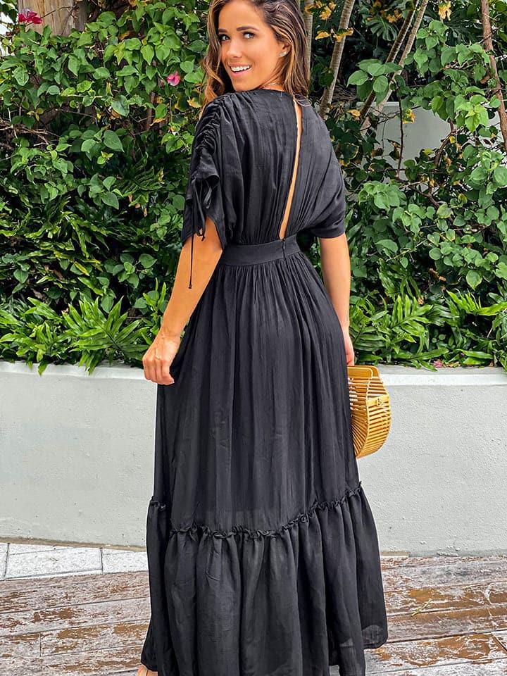 Mia Plunge Neck Tie Sleeve Maxi Dress - SwagglyLife Home & Fashion