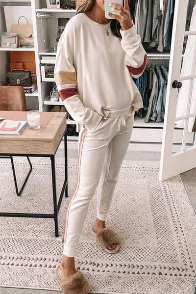 Narmeen Striped Round Neck Sweatshirt and Drawstring Joggers Set - SwagglyLife Home & Fashion