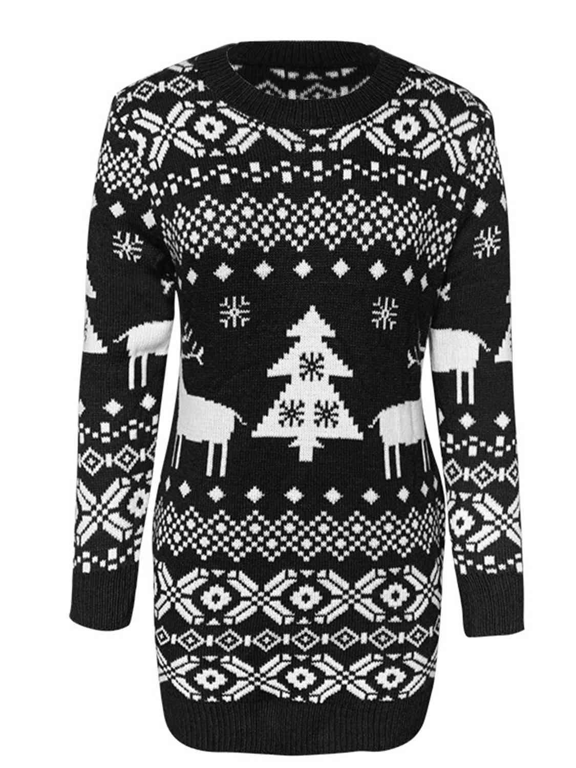 Noelle Christmas Element Round Neck Mini Sweater Dress - SwagglyLife Home & Fashion